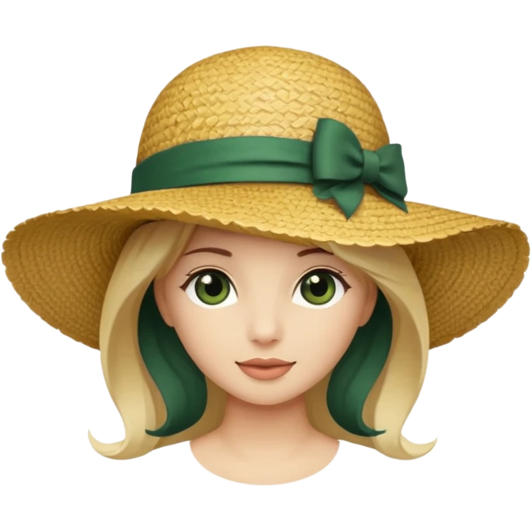 light beige women's straw hat with large brim and dark green bow emoji