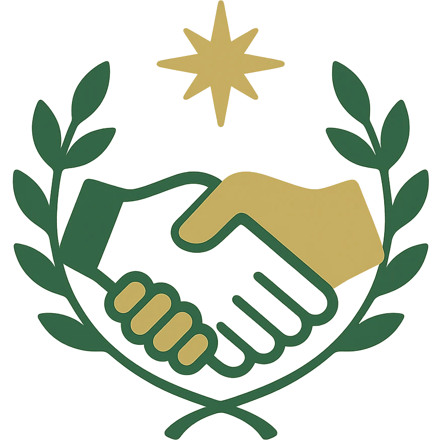 partnership icon, classic look, green gold and white color scheme, elegant lines, decorative details, no background emoji