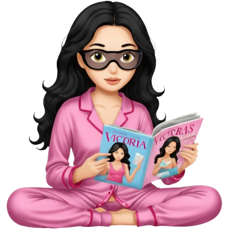 Capelli lunghi e mossi neri indossa pigiama di Victoria's Secret legge Magazine fashion ,ha la pelle chiara e nel mentre indossa una maschera in tessuto Skin Care emoji