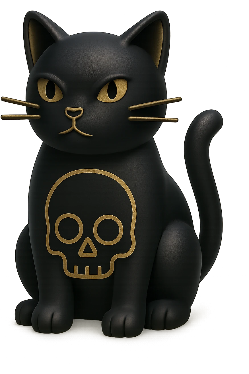 Transform the black cat into a 3D style with detailed shading and depth. Keep the skull in a clean outline style with no fill and no background, preserving its simplicity and clarity. emoji