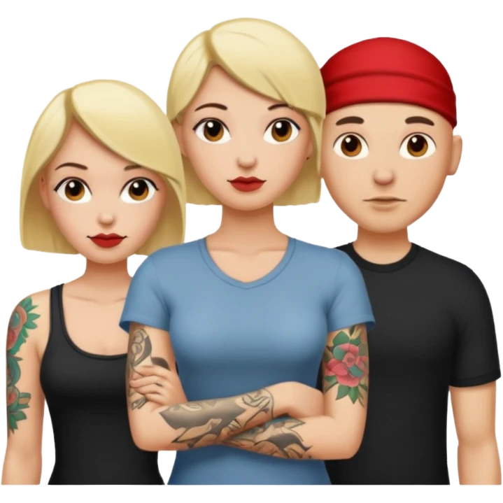 throuple blonde female brunette female with tattoed bald male emoji