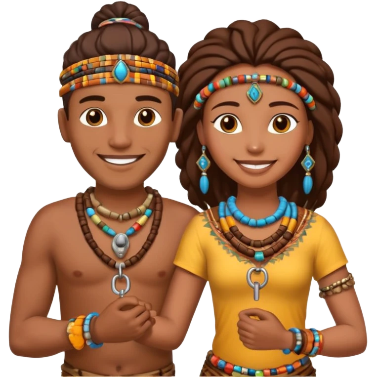 A happy tribal man holding hands with a happy tribal woman wearing a lock emoji
