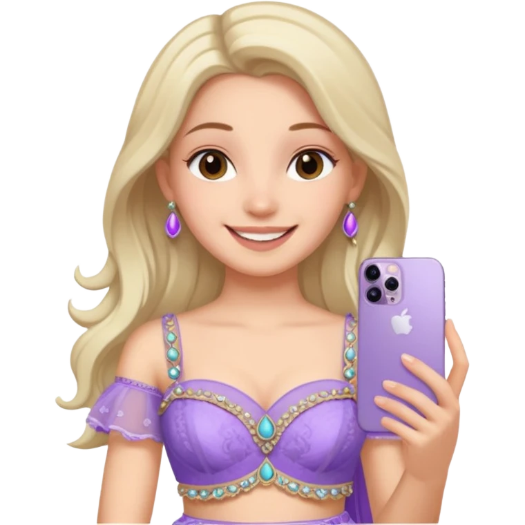 Make a girl standing in mirror in lavender lengha holding a iphone 16 pro max emoji