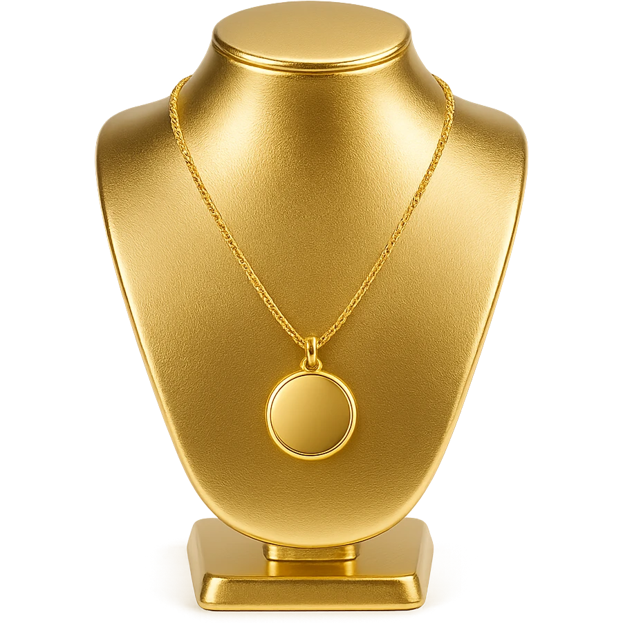 a golden necklace with a plain circular pendant displayed on a white necklace stand, minimal, clear details emoji