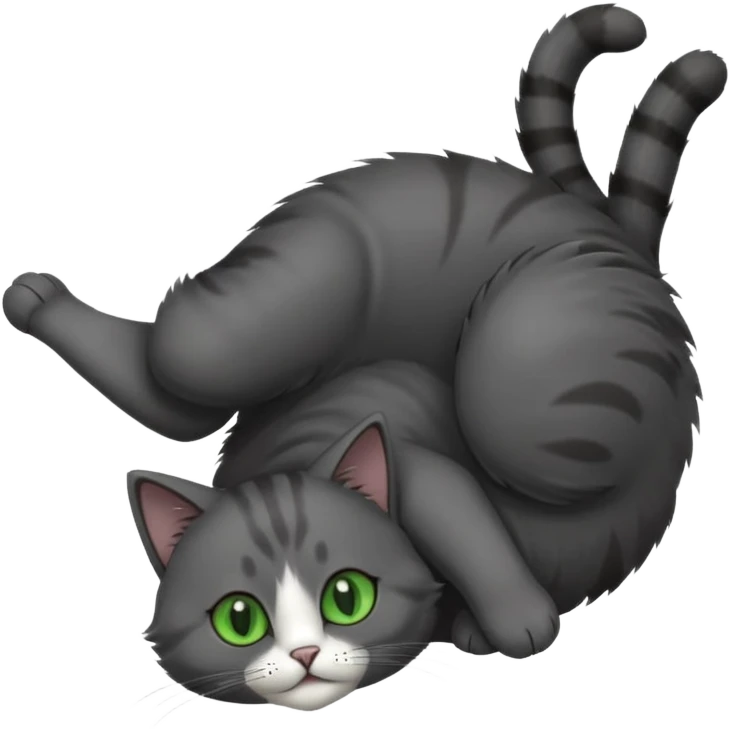 solid dark grey cat with green eyes, completely solid grey face, white toes/paws playfully rolling upside down emoji