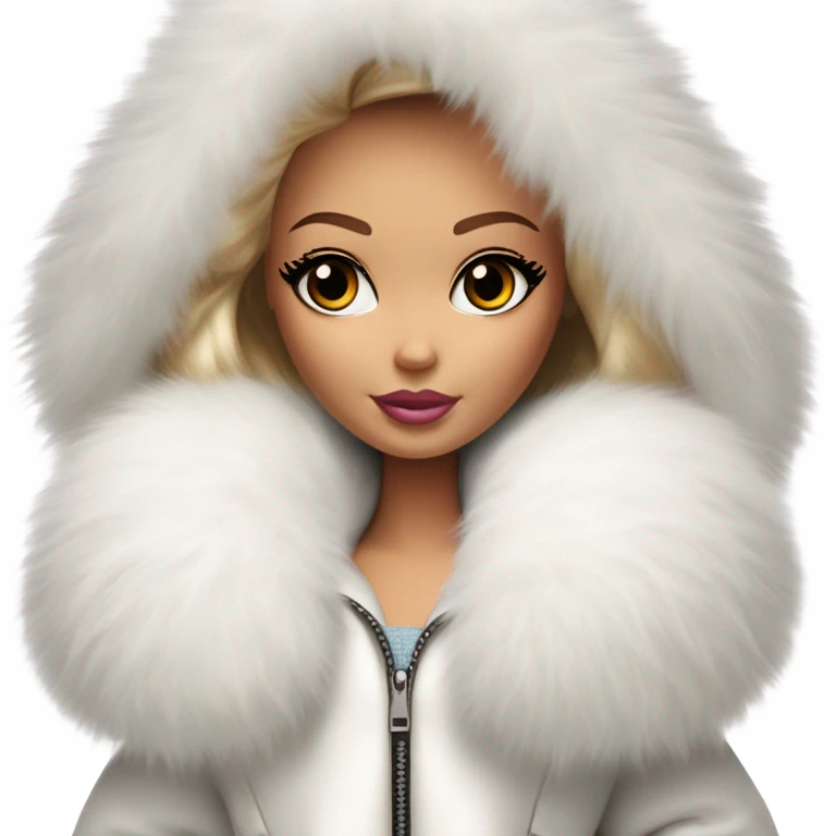 Barbie looking emoji  in an extremely big fluffy oversized white fur coat with hood on. The fur is real and it’s very obvious big and fluffy like in Pinterest  emoji