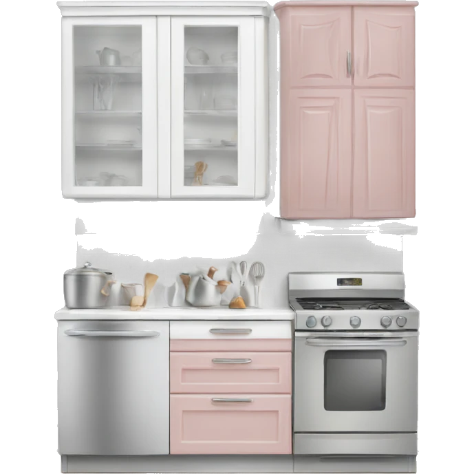Realistic front facing white and rose silver hanging kitchen cabinets  emoji