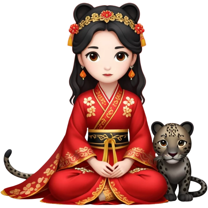 A beautiful girl in red Hanfu wedding dress sits on the ground holding a black leopard emoji