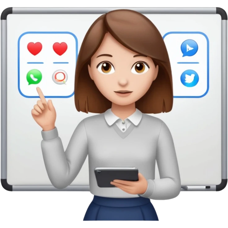 Make an emoji of a girl (no glasses) with brown hair who is teaching how to use iMessage on a board emoji