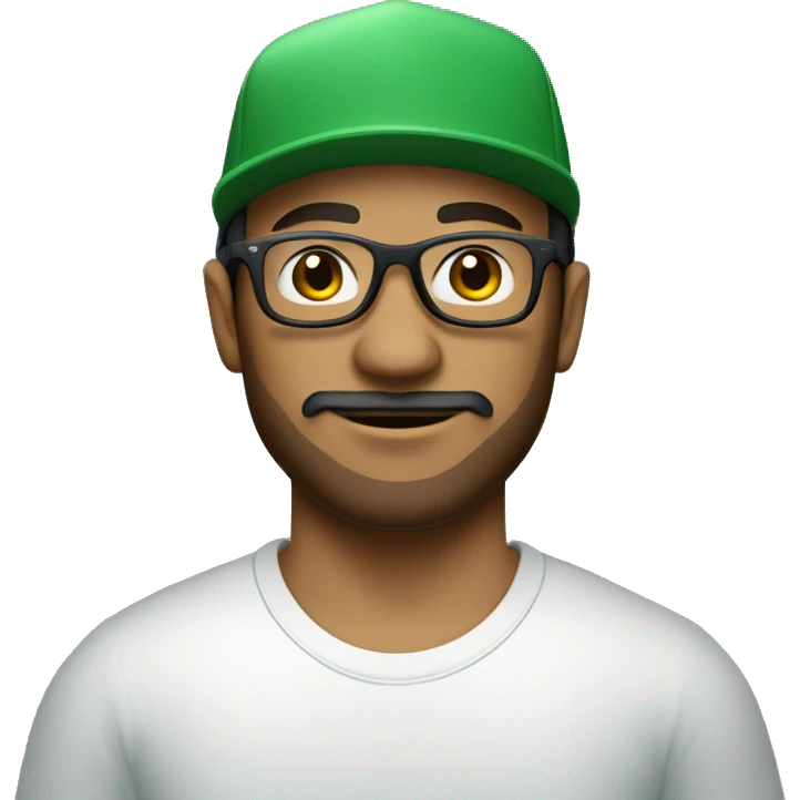 CCreate a young mixed-race man with a beard and moustache wearing an all-green cap and a white T-shirt. Add the supreme brand logo on the cap, brown eyes and a pair of sunglasses with blue glasses. emoji