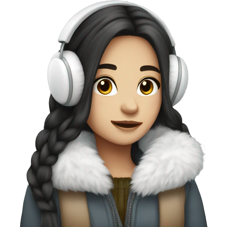 Winter girl long dark hair white cozy earmuffs  emoji