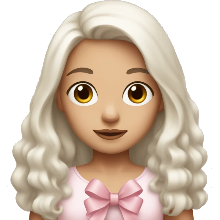 Girl with long white hair and brown eyes with a light pink bow holding a teddy bear  emoji