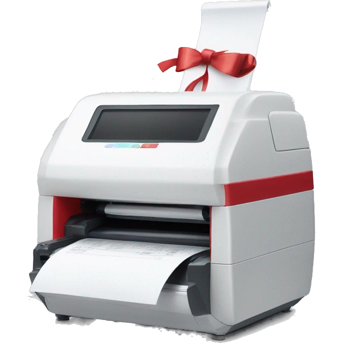 White scanner machine with a red bow emoji