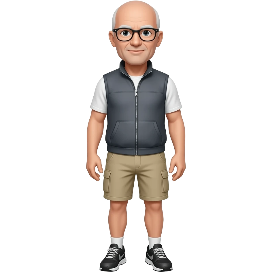older hairless white man with thin framed glasses, a zippered sweatervest, beige cargo shorts and black running shoes emoji