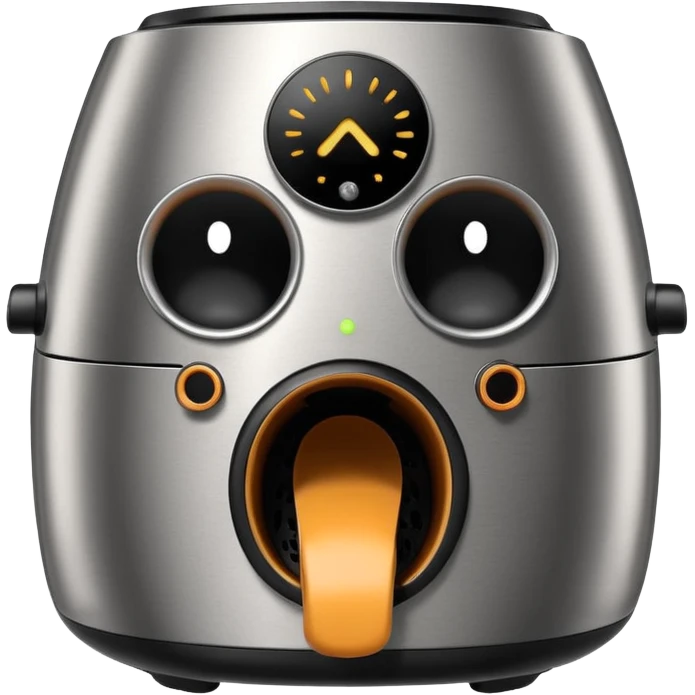 An air fryer with the knobs and handles made to look it's eyes, nose and mouth, hysterically crying with laughter emoji