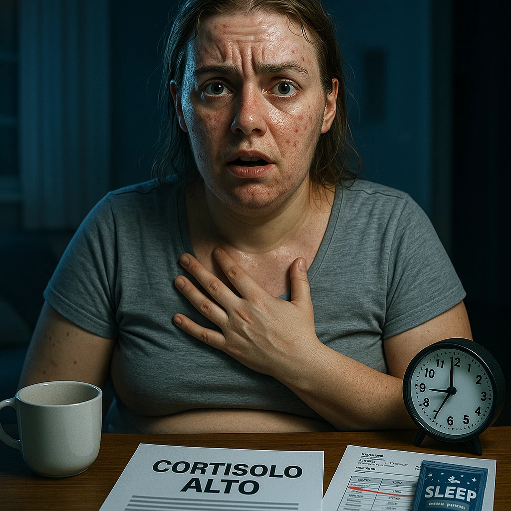 hyperrealistic 4K detailed image of a woman with PCOS and high cortisol, face with acne, chin hair, thin hair, very stressed facial expression, wide open eyes with dark circles, visible forehead sweat, hand on chest as if feeling rapid heartbeat, abdominal fat accumulation, on the table in front of her a paper with the text 'CORTISOLO ALTO' and a report with cortisol values highlighted in red, clock showing 3 AM, empty coffee cup, sleep supplement package, nighttime home environment with cold blue light emoji