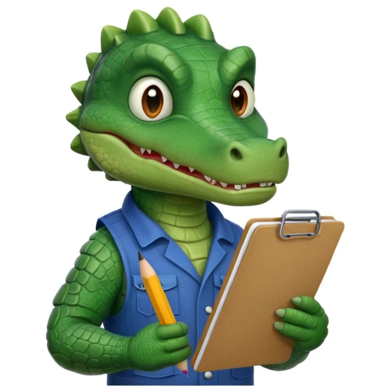 A gator with a serious face holding a clipboard and a pencil, offwhite background emoji