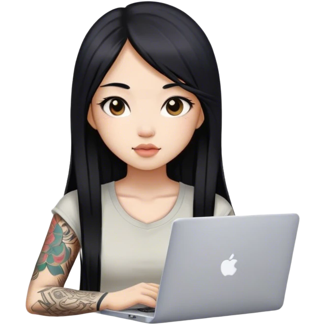 beautiful girl, with tattoos, with long black hair, straight hair, chinese, with laptop emoji