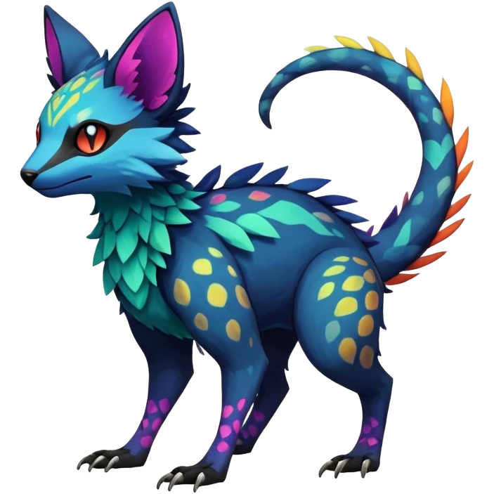 Rare realistic dark edgy badass epic pretty beautiful handsome gorgeous aesthetic colorful vibrant Vernid-Trico-species-Fakemon-creature by LiLaiRa, 4 legs, 1 tail, random markings, (full body) emoji