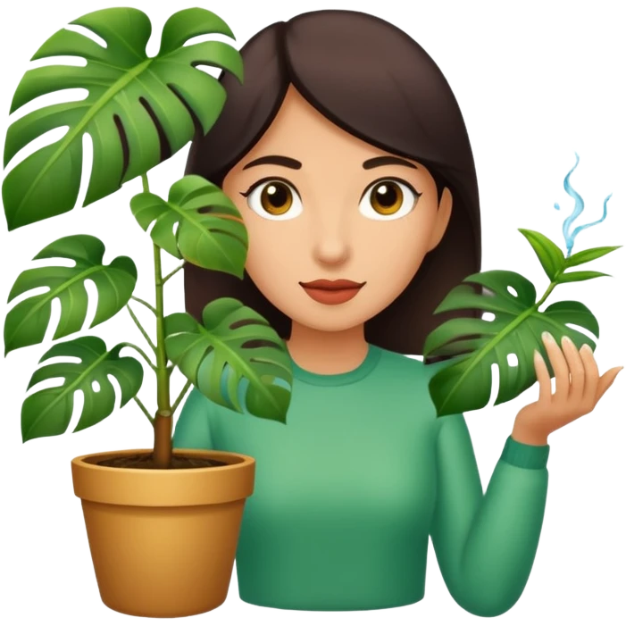 woman watering her monstera plant emoji