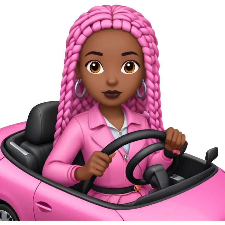 A dark-skinned Black woman with black box braids, driving a pink car emoji