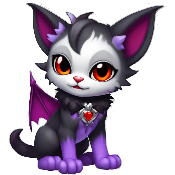 Anthro-Cute-Edgy-Cool-Vampiric-Batty-Cat-Black-Purple-Red-Grey-White-Contrast-Colors-Fantasy-Fur-Sona-Chibi-Shiny-Fakémon-Hybrid with horns and fangs and collar full body emoji