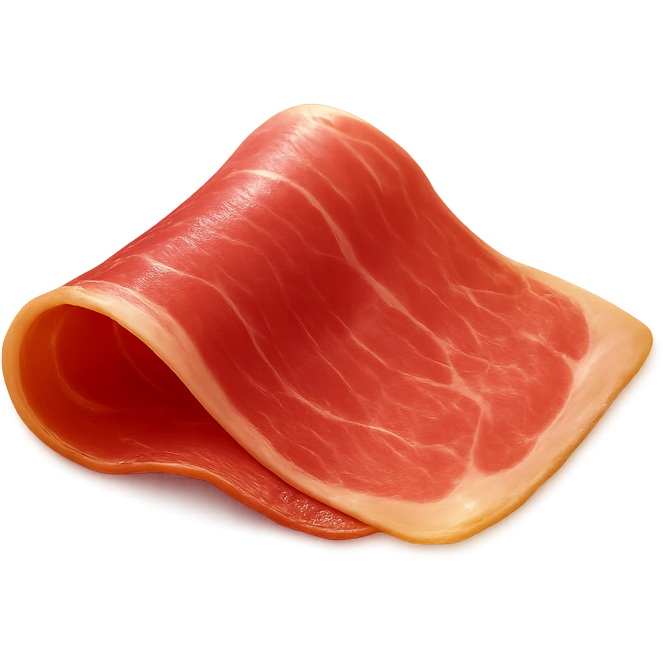 Show only one thin, delicately folded slice of dry-cured ham (jambon cru) with deep pink to reddish hue and visible streaks of white fat. Texture should be silky, slightly translucent, and marbled, with a natural fold or curl. Fat should look creamy and well integrated. Clean 3D style, soft lighting, transparent background, emoji scale. emoji