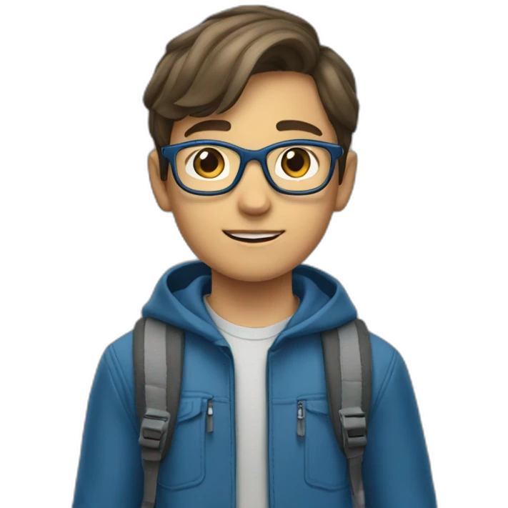 a 12-year-old boy with brown hair and gray eyes wearing glasses in a blue jacket with a backpack on his back emoji