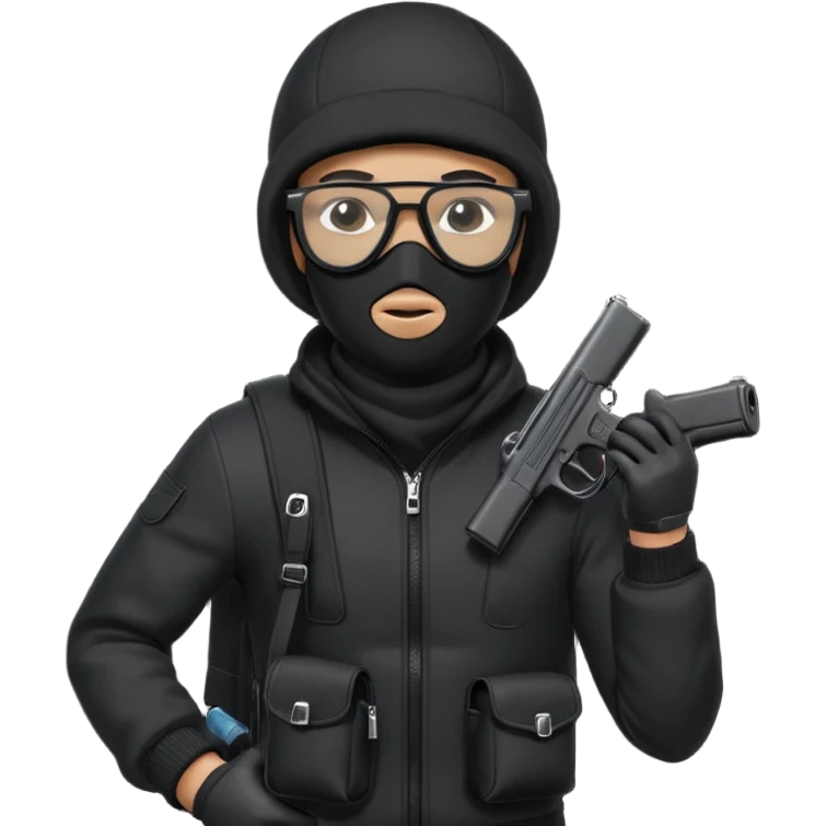 YN wearing a ski mask, holding a gun, all black fit, black jeans, Sprayground bookbag, confident stance with glasses emoji