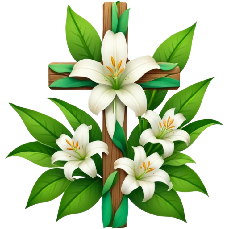 A wooden cross with white lilies around the bottom.. No lilies on the centre of the cross.  emoji