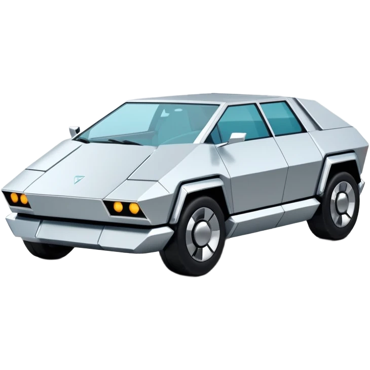 A futuristic chrome car emoji, sharp geometric body design inspired by cybertruck aesthetics, smooth silver metallic surface, matte and glossy chrome mix, minimal details, soft reflections, clean edges, iOS emoji style, centered, clean white background, soft studio lighting, no text emoji