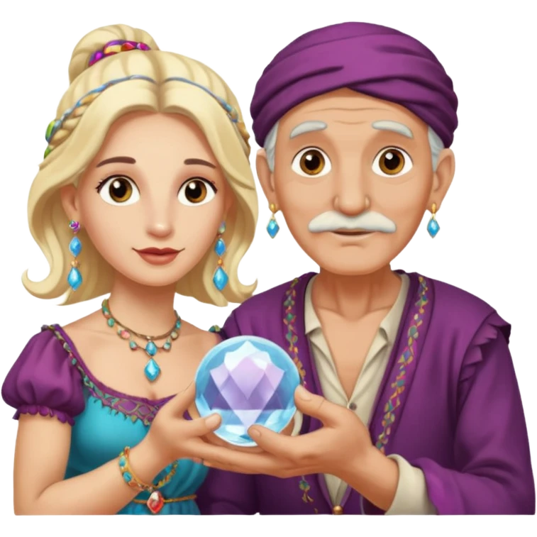 Elderly cleanshaven male gypsy with earrings and blonde female gypsy holding a crystal ball emoji