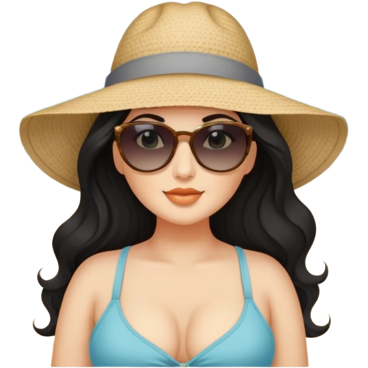 beautiful curvy woman with fair skin, long wavy black hair, and gray eyes at the beach emoji
