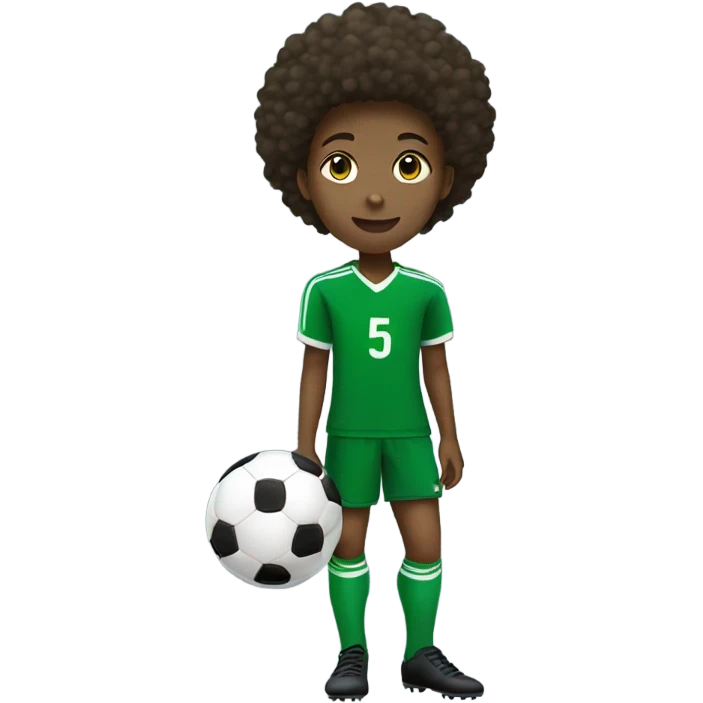 Afro teenager in green soccer uniform number 5  kicking a soccer ball emoji