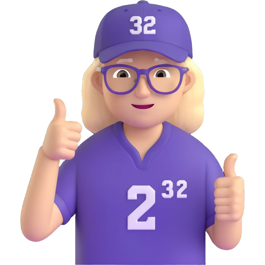 Man with black and white cap, purple sports jersey with number 32, clear glasses, light blond mullet hairstyle, thumbs up emoji