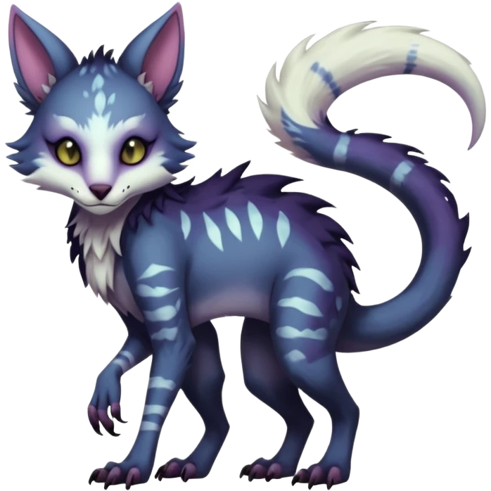 Kawaii dark cute gloomy ghoulish edgy fantasy ethereal feline-vernid-sergal-possum-monster-fursona animal creature full body with intricate markings  emoji