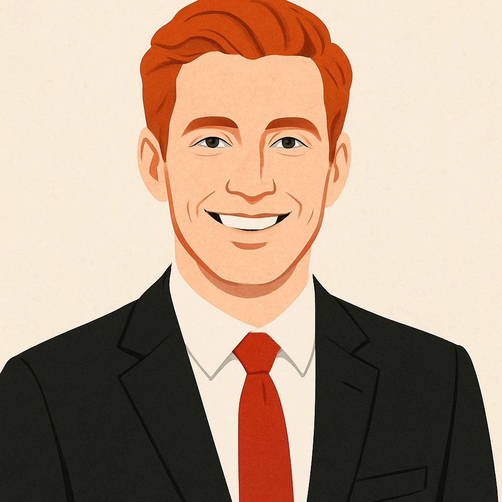 red-haired man in a black suit with a red tie, smiling at the camera, clean modern illustration style emoji