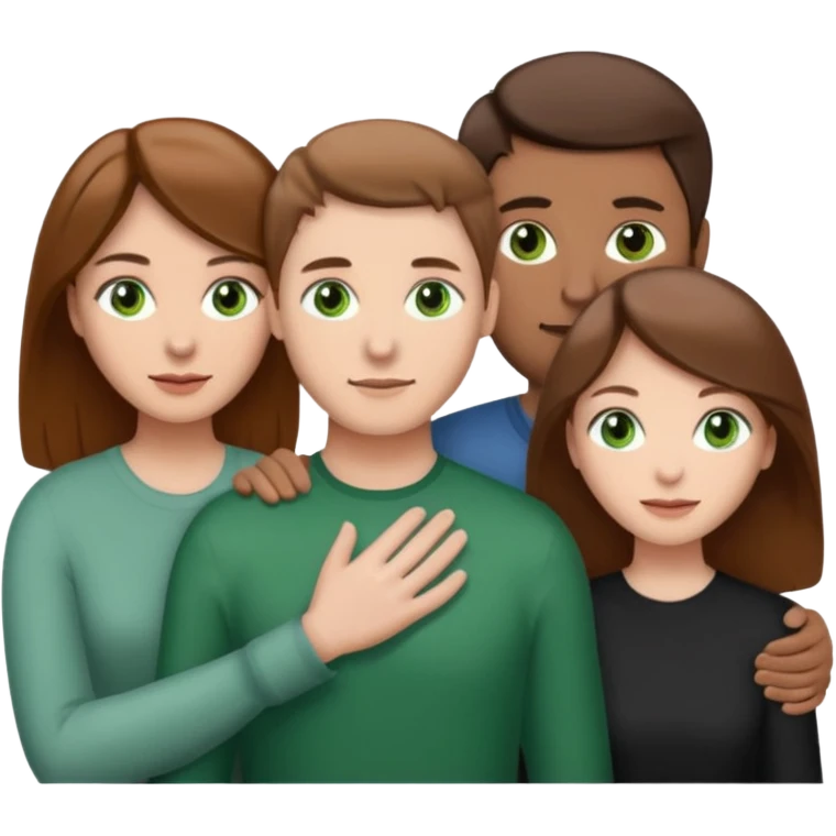 3 people. Throuple. Blank woman with light brown hair and green eye color on left. And also a blank man with brown hair and grey eye color in the middle. And a blank woman with brown hair and grey eye color on the right. Holding each other emoji