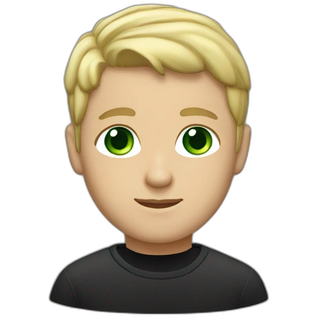 A blond short haired man with green eyes and a black sweatshirt emoji