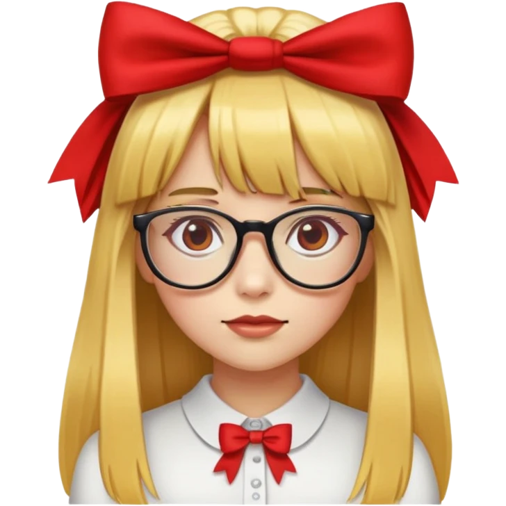 yellow skin girl with long straight hair, bangs, red bow on hair, wearing glasses emoji