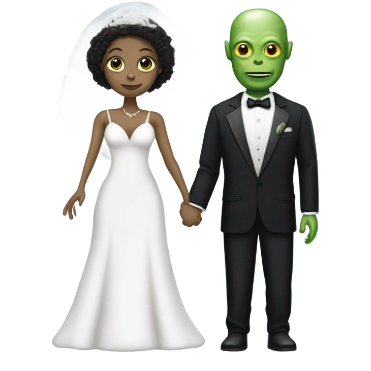 White humman man in a tuxedo holding, Alien reprilian woman in wedding dress, and one , hands getting married emoji