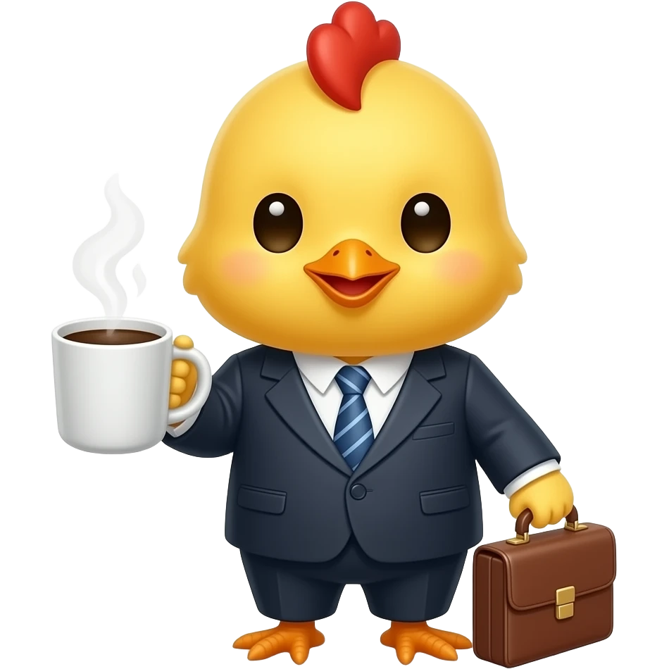 cute yellow baby chick in a business suit and tie, first day at work, holding a coffee cup and briefcase, emoji style emoji