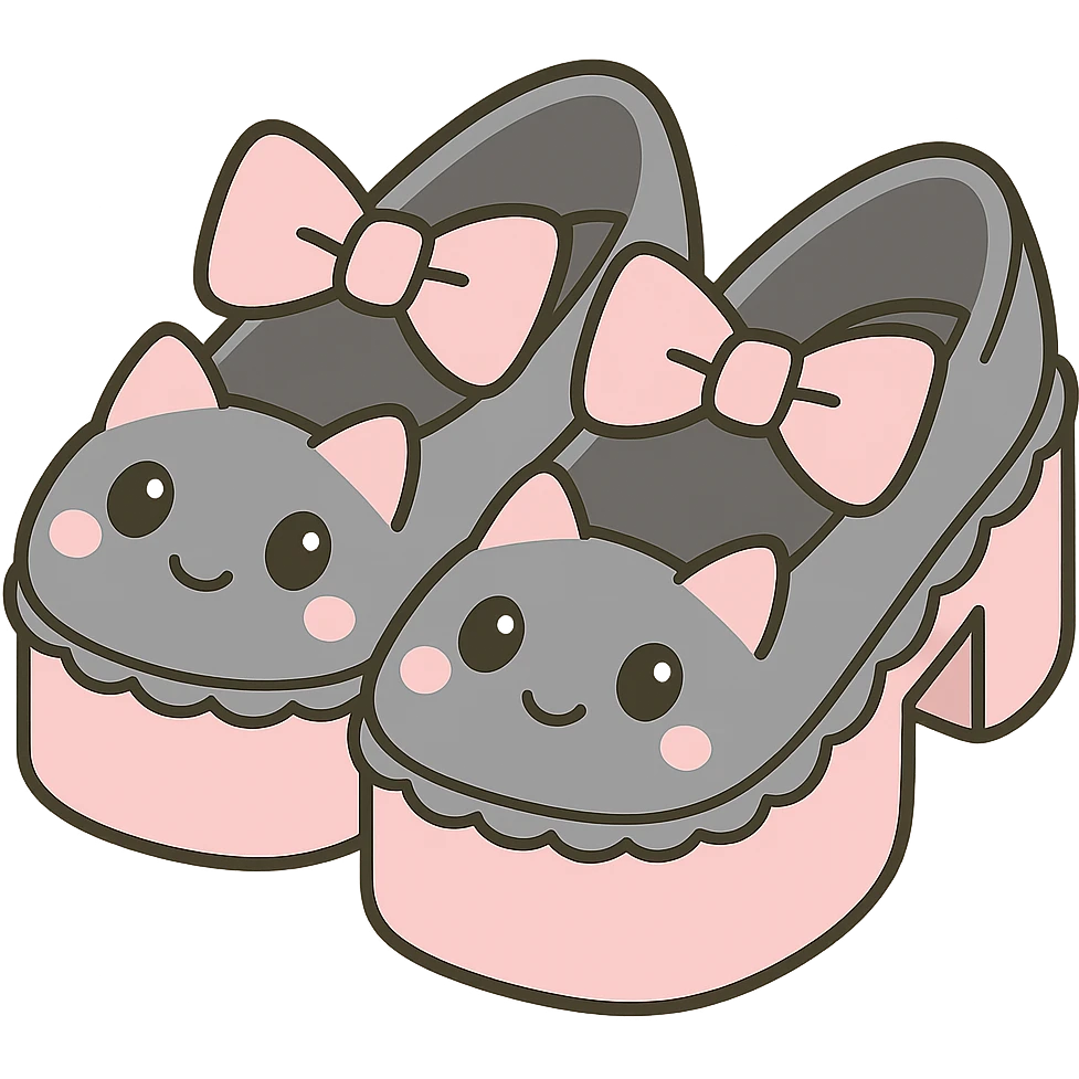 Refine the kawaii BLACKPINK-inspired gothic shoes with a large cute bow and scalloped edge, using pastel pink and pastel black (soft gray) colors for a gentle, dreamy look. Keep the design playful and stylish, without hearts. Transparent background. emoji
