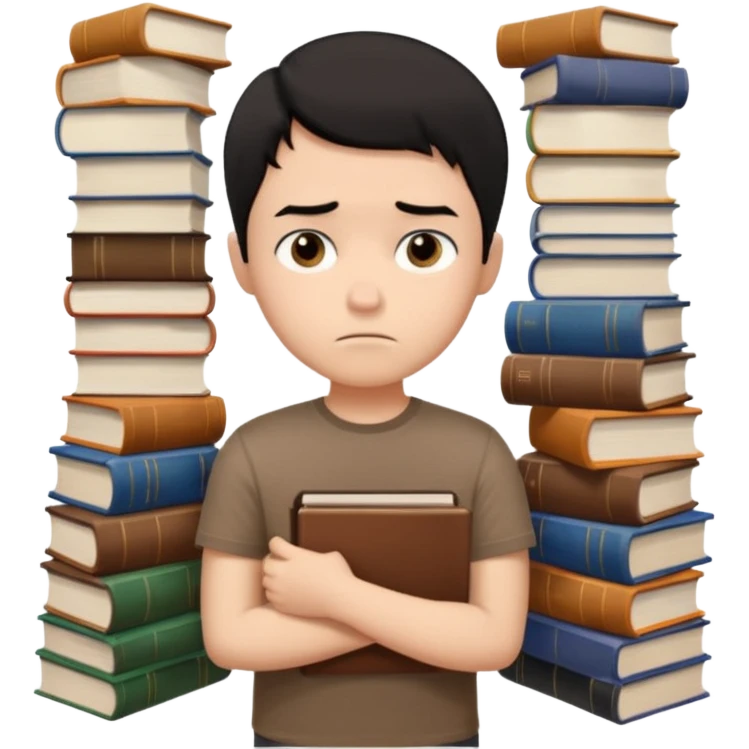 generate a pretty bratz fair skinned boy with short black hair wearing a brown tshirt surrounded by books n looking very sad emoji