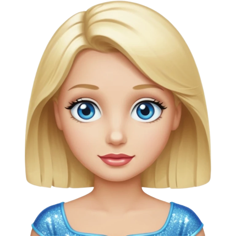 make this real, blond, medium length, blue eyes, 50s, sparkle in the eyes, fun emoji