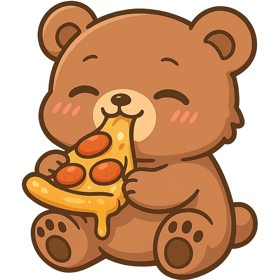 Transform the anime style bear eating pizza into chibi style with exaggeratedly cute proportions, keeping no background. Maintain the anime aesthetic while emphasizing cuteness and chibi proportions. emoji