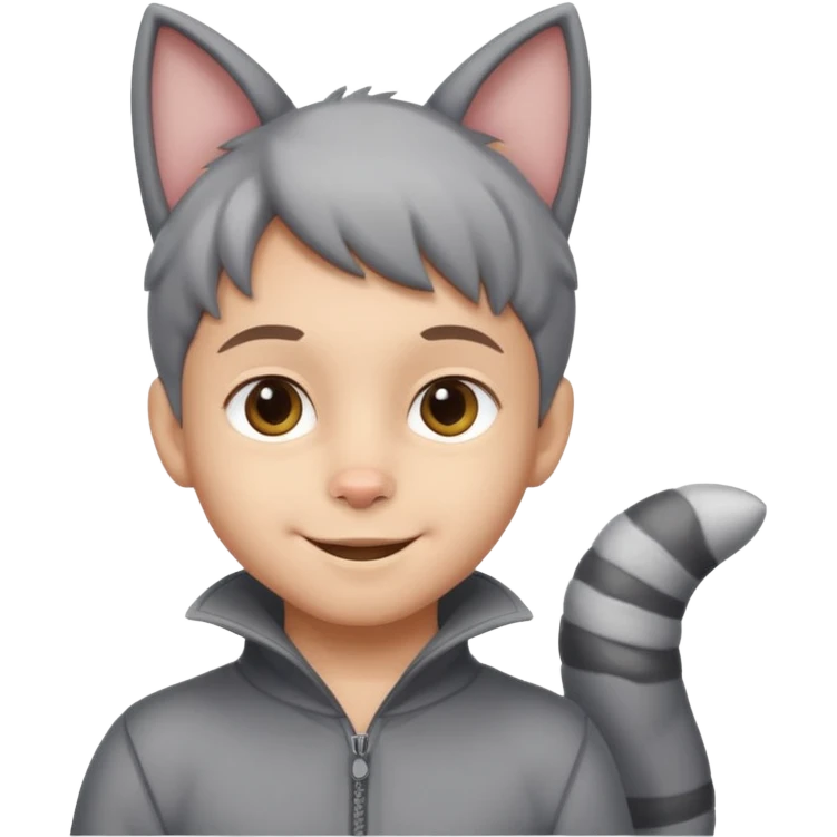 Boy kid in gray cat suit with tail and ears emoji
