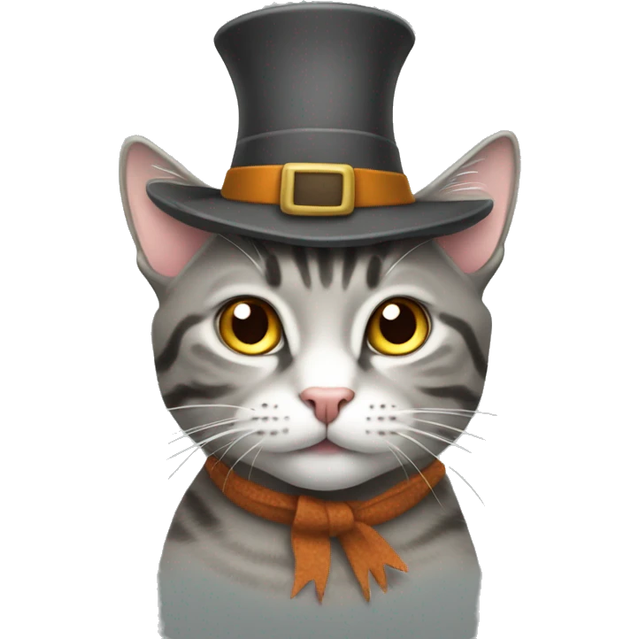 Gray tabby cat wearing a Thanksgiving hat emoji