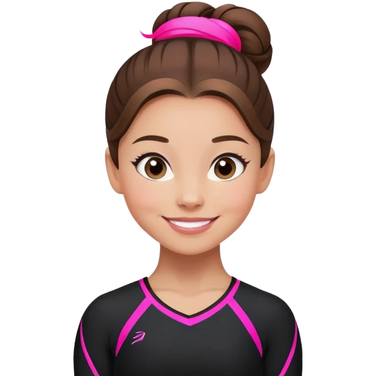 Happy female gymnast with brown hair in a neat bun, wearing a black uniform with neon pink elements. emoji