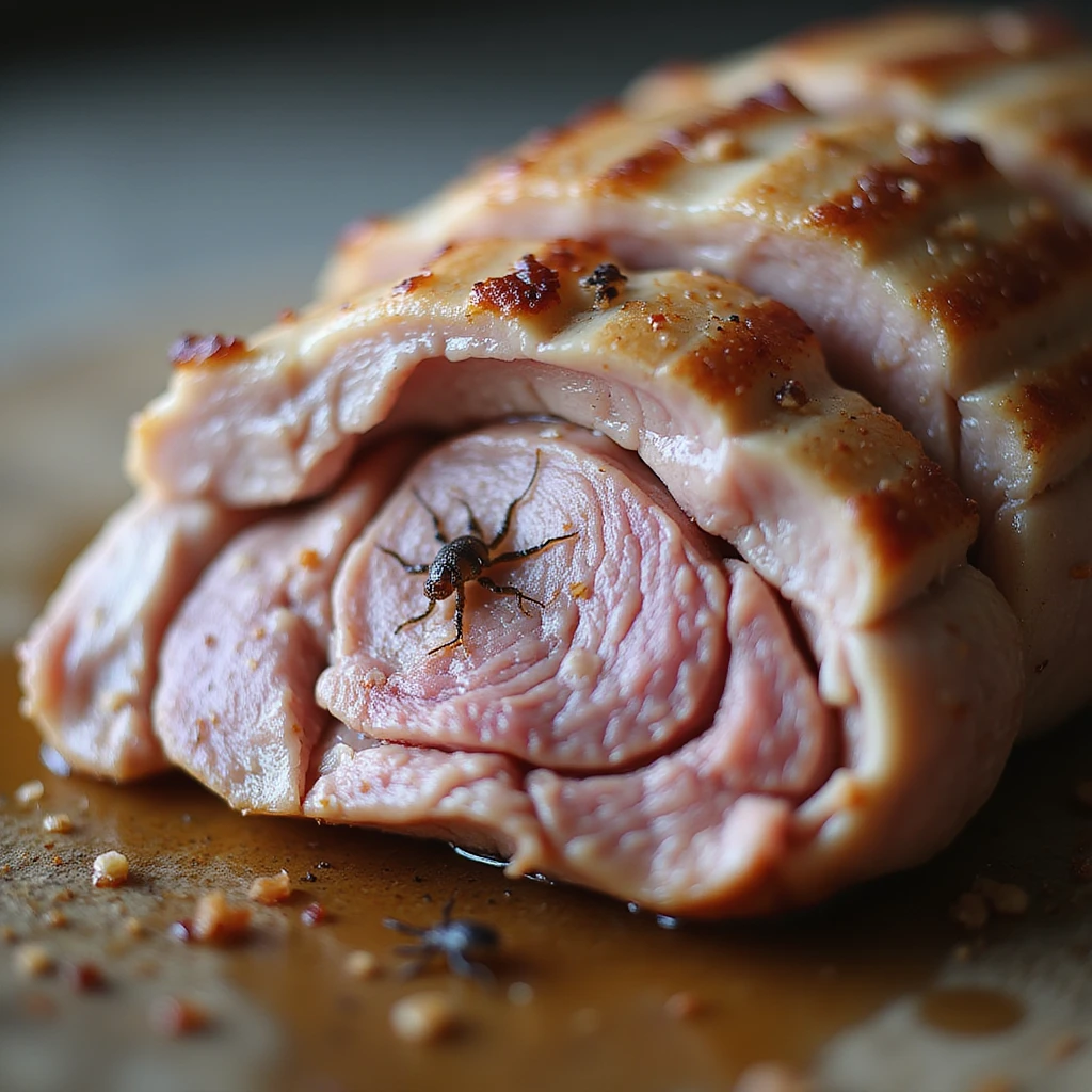 close-up of cooked pork meat slice, anatomical details showing survival of some parasites, neutral background, 4K quality emoji